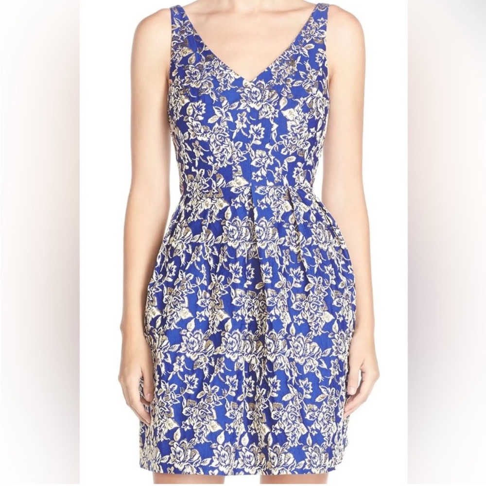 KARA & SLOANE DRESS DEEP V NECK & BACK Size XS BLUE/GOLD
